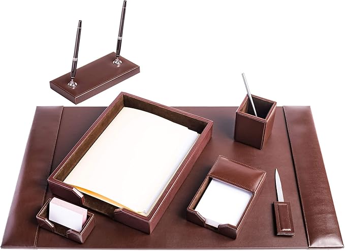 Dacasso Bonded Set Luxury Leather Desk Pad & Desk Organization Essentials, 7 Piece, Dark Brown