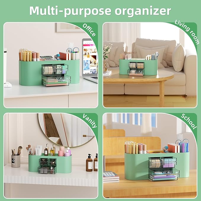 Marbrasse Desk Organizer Pen Holder for Desk with 3 Drawers, Multi-Functional Pencil Holder, Desk Organizers and Accessories with 7 Compartments for Home, School, Classroom(Green)