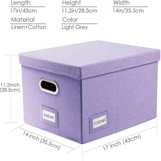 PRANDOM File Organizer Box - Set of 2 Collapsible Decorative Linen Filing Storage Hanging File Folders with Lids Office Cabinet Letter/Legal Size Purple (17x14x11.2 inch)