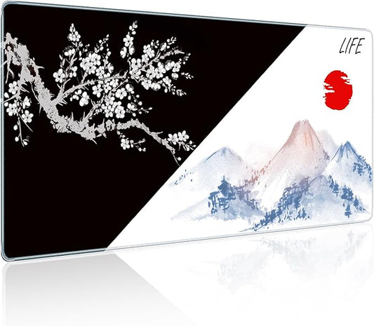 Japanese Death & Life Style Large Mouse Pad, 31.5 X 11.8 Inch Cool Design Full Desk Gaming Mouse Pad Desk Mat, Black White Cherry Blossom & Watercolor Japan Fuji Mountain Painting Mousepad