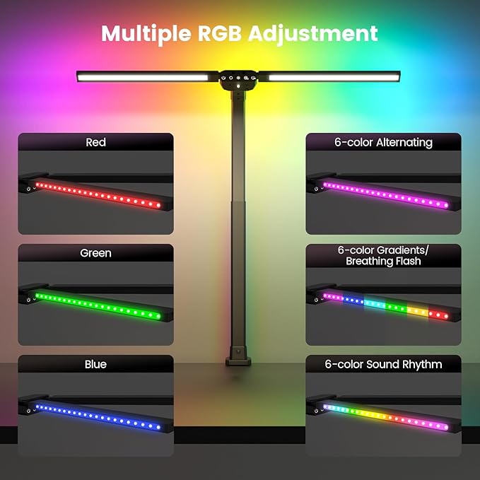 Upgraded LED Desk Lamp for Home Office with RGB, Rotatable Computer Desk Light with Remote, Eye Caring Table Lamp with Clamp for Study, Dimmable Dual Head Desk Lighting for Monitor PC, 22W