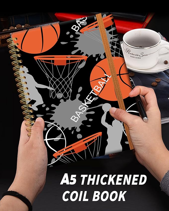 Ruled Spiral Writing Notebook,A5 Hardcover Lined College Journal for Women,Strong Twin-Wire Binding with Premium Paper,8.4" X 6",Perfect for School,Office,Home(Basketball)