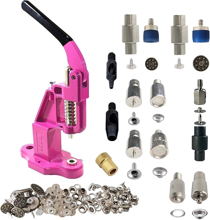 Hand Press with Brass 14 mm and 17 mm Jean Buttons Nipple Rivets 5mm (Nr3) Eyelets 7 and 9 mm Single Capped Rivets Matching Dies and Hole Punch (Pink Press)
