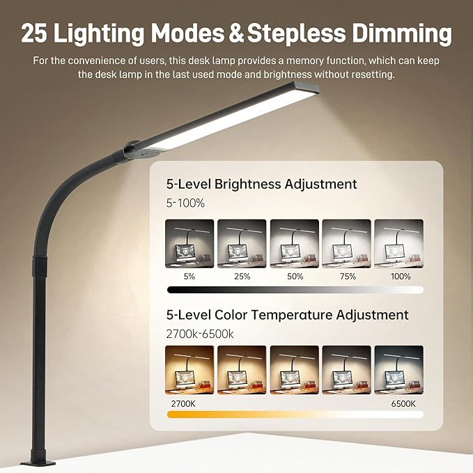 LED Desk Lamp for Home Office, Eye-Caring Desk Light with Clamp, 15W Double Head Architect Task Lamp Stepless Dimming, Flexible Gooseneck Bright Table Lamp for Study Reading Workbench Drafting