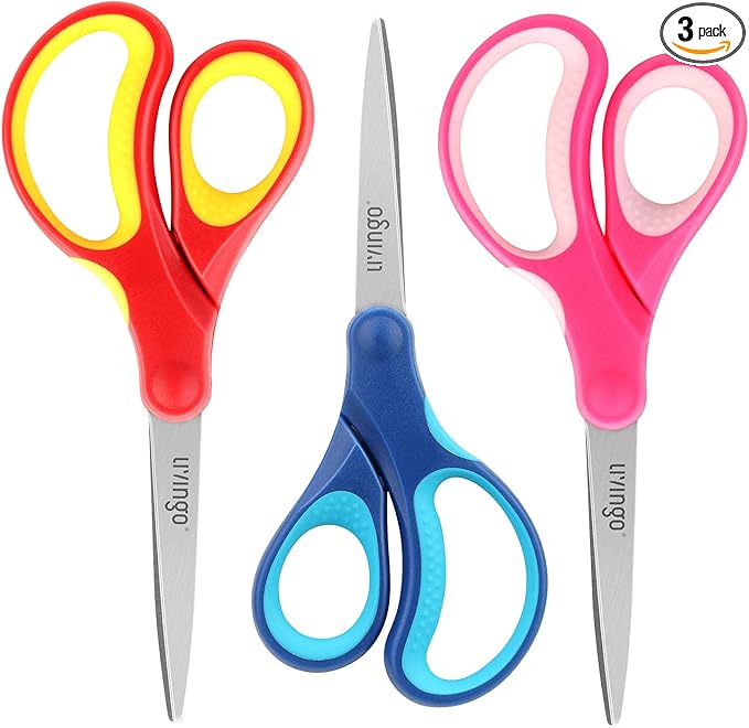 LIVINGO 7" Student Scissors, Sharp Stainless Steel Pointed Tip Blades Shears for Middle School Kids Crafting Project, Comfort Right/Left-handed, Assorted Color, 3 Pack