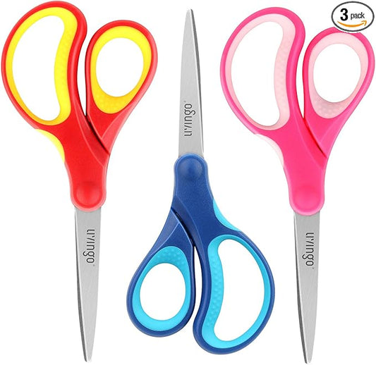 LIVINGO 7" Student Scissors, Sharp Stainless Steel Pointed Tip Blades Shears for Middle School Kids Crafting Project, Comfort Right/Left-handed, Assorted Color, 3 Pack