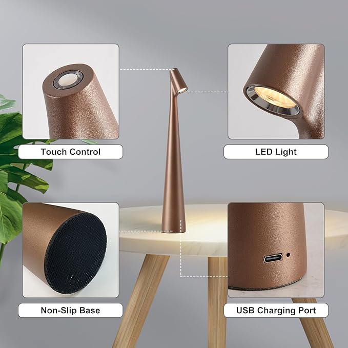 Cordless Small Table Lamps,3 Levels Brightness Portable Desk Lamp,Rechargeable Battery Lights for Outdoor, Restaurant, Bedside, Baby Night Light,Gifts(Brown)