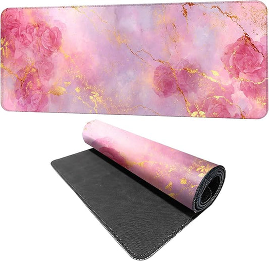 Elegant Pink Rose and Gold Marble Mouse Pad – 31.5" x 11.8" Extended Desk Mat with Abstract Floral Design – Luxurious Non-Slip Surface for Office & Home Decor