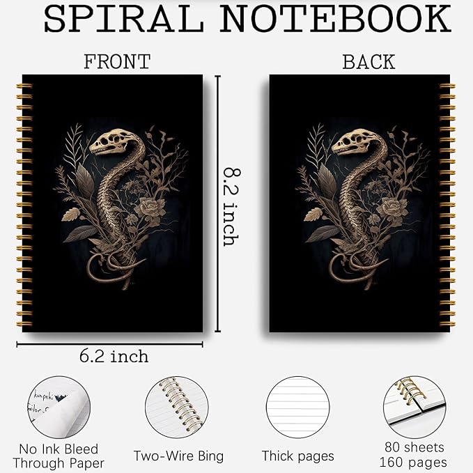 Snake Skull Spiral Journal Notebook - Goth Golden Snake Head Skeleton Notebook 5.5×8.3, Snake Gifts Spiral Notebook Journal with 164 Pages, Punk Dark Witchy Gifts