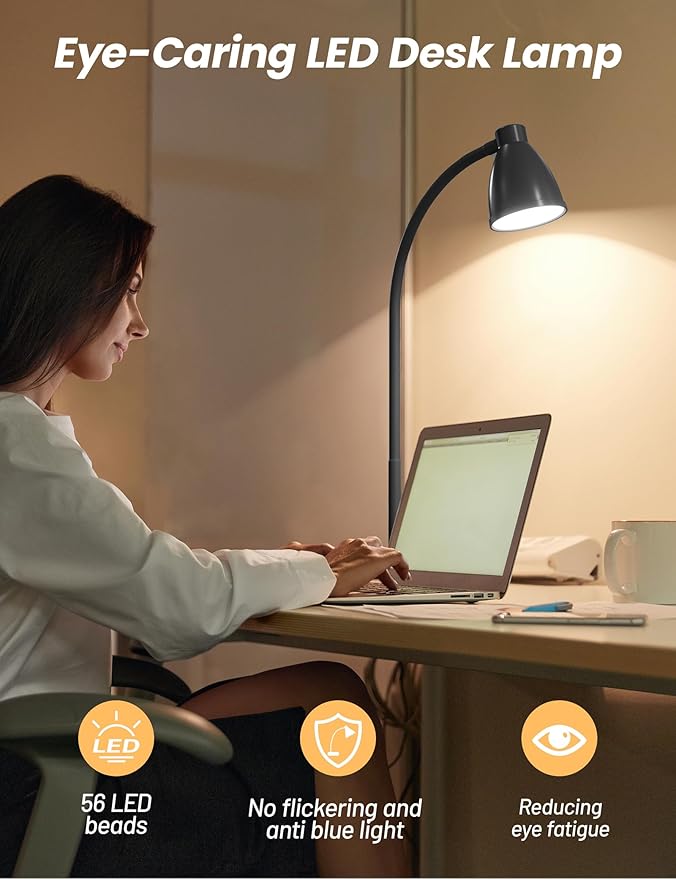 BOHON LED Desk Lamp with USB Charging Port 3 Color Modes Dimmable Reading Light Intelligent Induction Auto Dimming Task Lamp Flexible Gooseneck Table Lamp for Bedside Office, AC Adapter Include