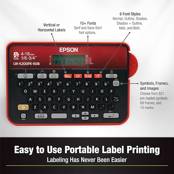 LABELWORKS Epson LW-K200PXRDB Printer and Primary Tapes - Label Maker and Primary Colored Matte Label Tapes