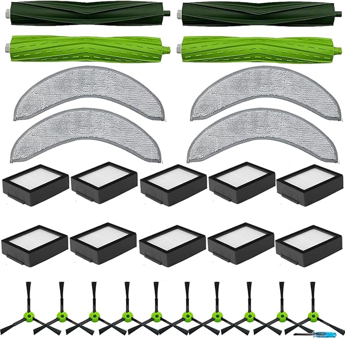 2 Set of Roller Brush & 10 Filters & 4 Mop Pads & 10 Side Brushes Replacement Parts Accessories Compatible with iRobot Roomba Combo J7+, Combo J9+,Combo 10 MAX Robot Vacuum Cleaner