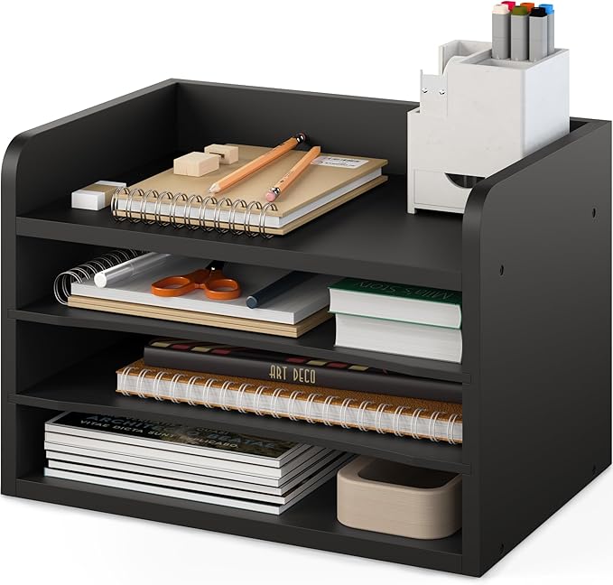 Ballucci File Organizer, 4-Tier Office Desk Organizer, Open Top Wood Paper Organizer for Classroom, Mail Sorter Paper Tray with Adjustable Storage Shelves, Black