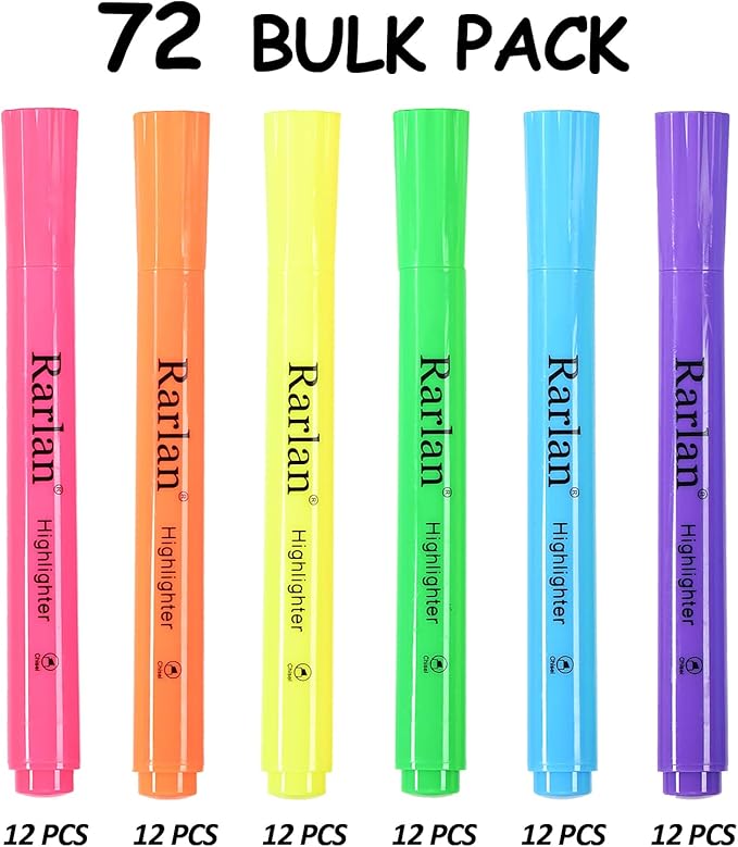 Rarlan Highlighters, Chisel Tip, Assorted Fluorescent, 72 Count Bulk Pack