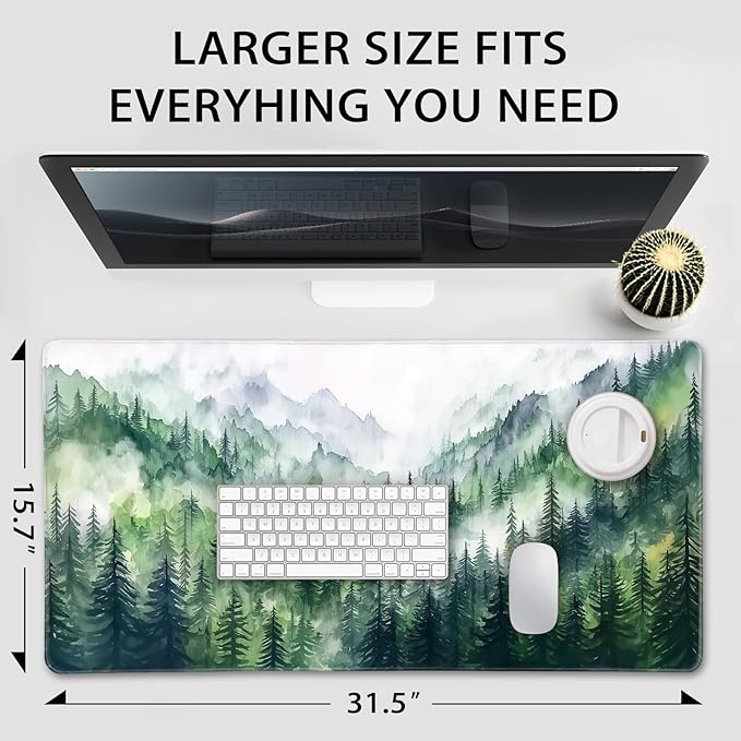 Misty Forest Mountain Large Gaming Mouse Pad 31.5"x15.7"｜XXL Desk Mat, Non-Slip Rubber Base & Stitched Edges - Extended Waterproof Mousepad for PC/Laptop/Office/Home Decor