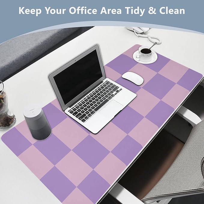 Mouse Pad Desk Mat Leather Desk Pad Large Gaming Desk Cover Protector Mat for Keyboard Computer Laptop Office Waterproof 47.2 x 23.6 Inch Checkered Purple