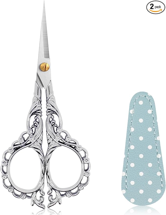 BIHRTC 4.5Inch Sewing Embroidery Scissors Professional Grade Shears with Artificial Leather Cover Stainless Steel Scissors for Office Craft Cross Stitch Needlework DIY Tools Knitting