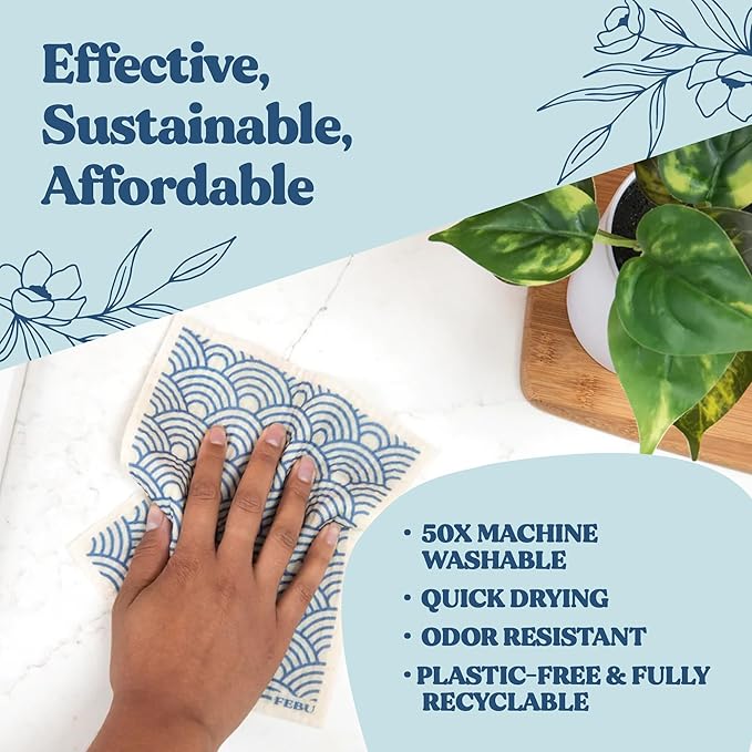 FEBU Swedish Dishcloths for Kitchen | 5 Pack Fruit Pattern Reusable Paper Towels Washable | Swedish Dish Towels | Non-Scratch Cellulose Sponge Cloths | No Odor, Biodegradable Cleaning Cloths