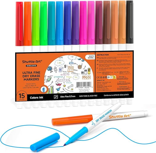 Shuttle Art Ultra Fine Dry Erase Markers, 15 Colors Whiteboard Markers with Erase, Dry Erase Markers Perfect For Writing on Whiteboards, Dry-Erase Boards,Mirrors for School Office Home