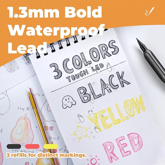 Nicpro 3 Pack Weatherproof Mechanical Pencil Set, 1.3mm Mechanical Pencils, Heavy Duty Lead Pencil for Outdoor All Weather Marking Drafting Drawing with 75 Lead Refills, Erasers, Case (Black, HD1000)