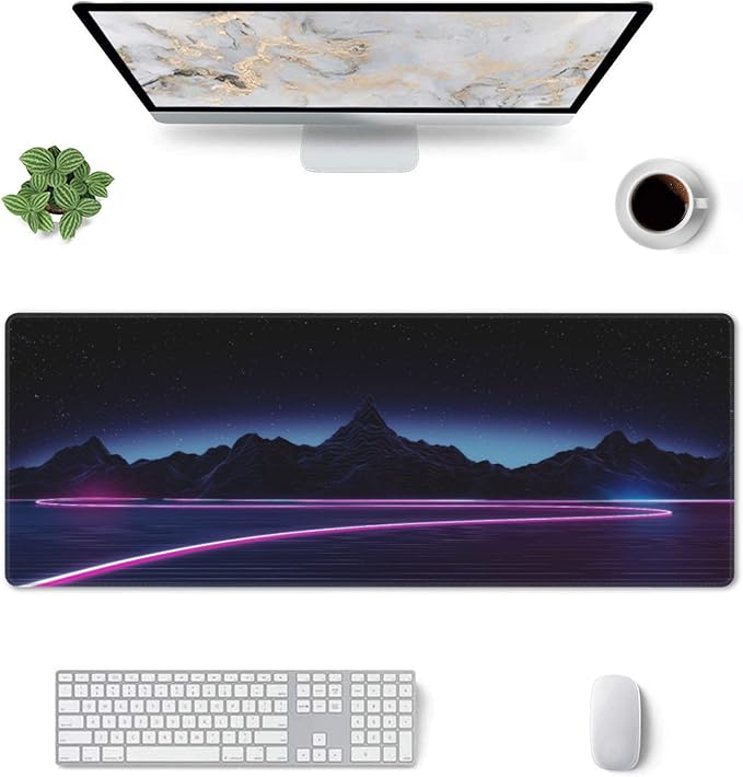 Neon Star Mountains Large Mouse Pad, Gaming Desk Mat, XL Keyboard Desk Pad Mat for Desktop, 31.5"x11.8" Non-Slip Base Big Mousepad with Stitched Edges