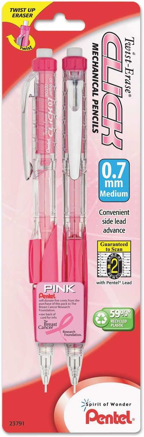 Pentel PD277TBP2PBC Pink Ribbon Twist-Erase CLICK Mechanical Pencil, 0.7 mm, 2/Pack