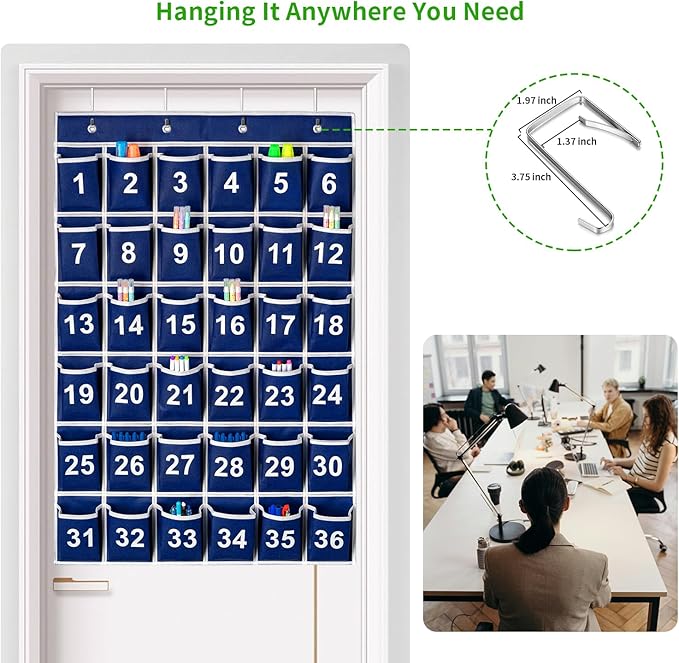 36 Pockets Blue Numbered Classroom Pocket Chart for Cell Phones, Hanging Pocket Chart Storage for Classroom Phone Calculator Holder with 4 Stainless Steel Hooks (Blue-36pockets)