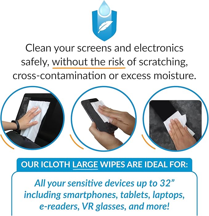 iCloth Large Screen Cleaning Wipes for Electronics, Lint-Free and Streak-Free, Fast-Drying, Removes Dust, Fingerprints, and Smudges (100 Wipes)
