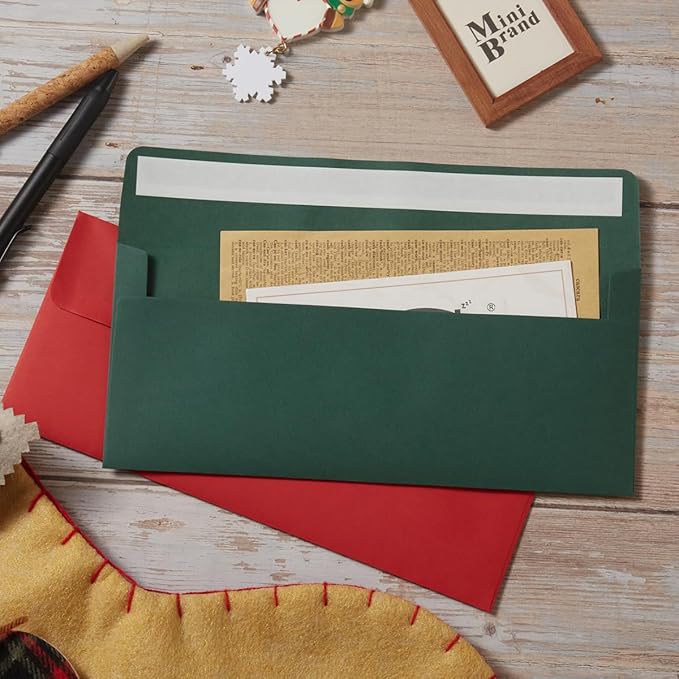 Wishop 50 Pack #10 Business Envelopes Self Seal 4x9 Standard Envelopes for Business, Invoices, Letter Mailing, 4 1/8 x 9 1/2 Inches (Christmas Green/Red, 4.13 x 9.49)