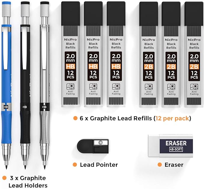 Nicpro 11 Pieces 2mm Mechanical Pencil Set, 3 PCS Carpenter Drafting Pencil 2.0 mm for Art Drawing Writing Sketching Construction with 6 Tube Pre-Sharpen HB & 2B Refill, Eraser, Sharpener