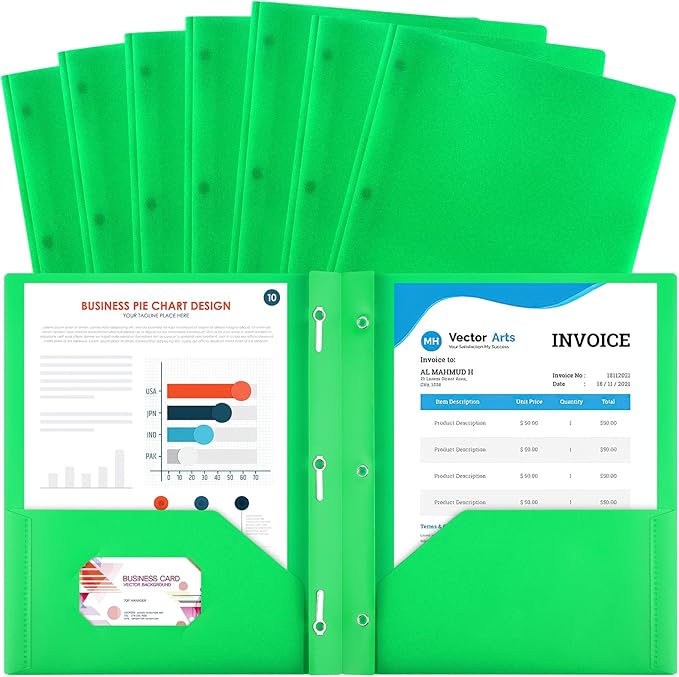 8 Pack Plastic Folders With 2 Pockets, Colorful Letter Size File Folders With Prongs and Business Card Slots for School Office