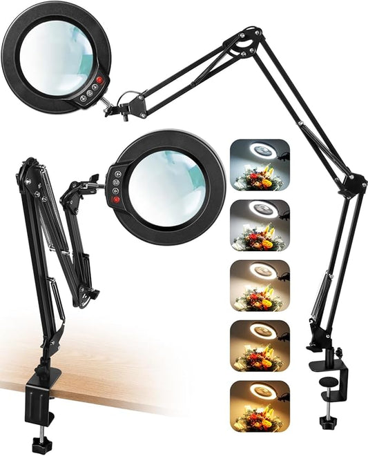 10X Magnifying Glass with Light and Clamp, Ultra Long 3 Section Swing Arm LED Desk Lamp, 5 Color Modes Stepless Dimmable, Hands Free Lighted Magnifier with Stand for Repair Reading Crafting Close Work