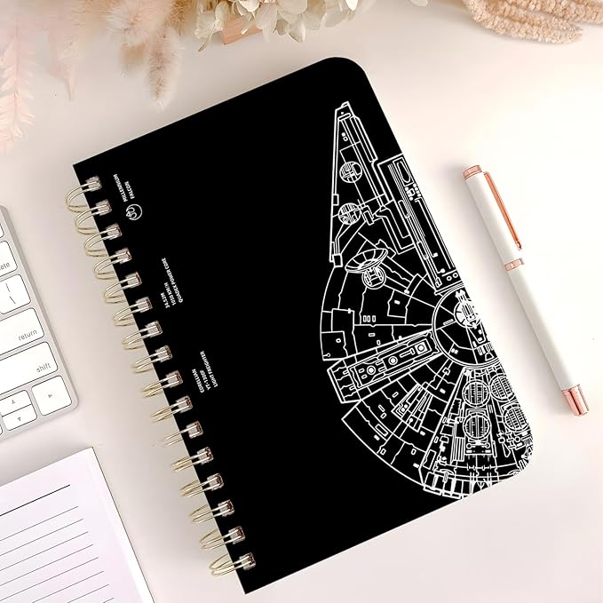 Cute Spiral Notebook journal A5 Aesthetic Pretty Floral Design for Women Girls Kawaii with Pocket, 8.5 x 5.7 inch, Black Gear