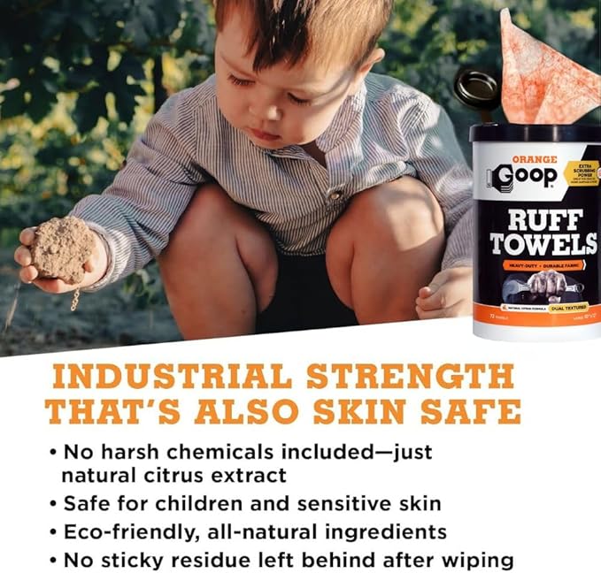 GOOP Orange Heavy Duty Ruff Towels with Scrubbing Power, 10” x 12” Dual Textured Multi-Purpose Cleaning Wipes, Removes Dirt, Grease, Oil, 72 Count (Pack of 2)