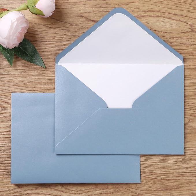 PONATIA 50 Pieces/lot A7 Envelopes, 5.25 X 7.25'' Dusty Blue Envelopes Perfect For 5x7 Weddings Invitation Cards, Graduation, Acrylic Invitations, Photos (Pearl White Liner + Dusty Blue)