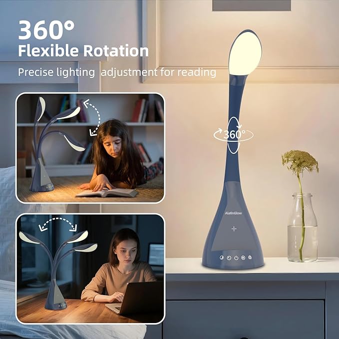 LED Desk Lamp with USB Charging Port, Dimmable Reading Light Touch Control and Eye Protection, Adjustable Brightness Table Lamp for Home Office Bedroom (Blue)