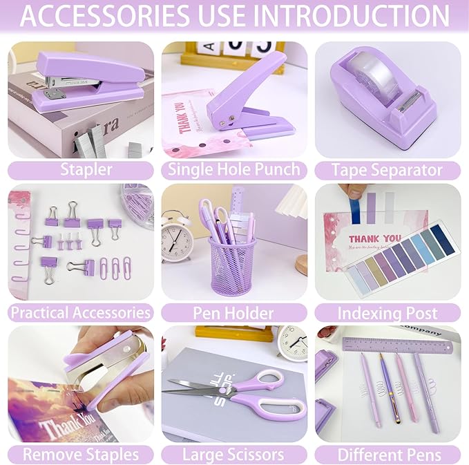 Purple Desk Accessories Set - 16 Pcs Purple Office Supplies with Stapler, Tape Dispenser, Pen Holder, Staple Remover, Hole Punch, Staples Aesthetics Desk Sets for Office, Home, School Women