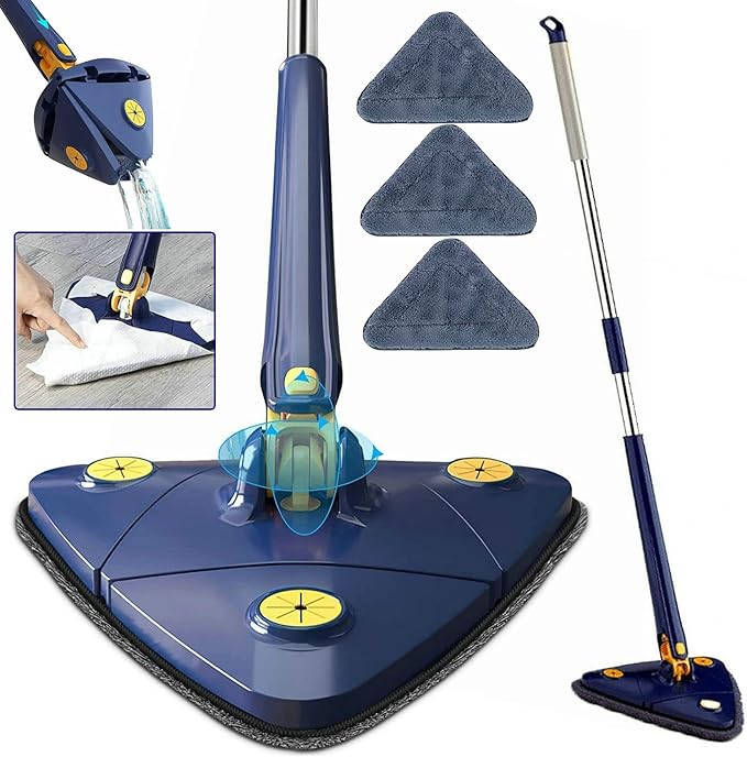 360° Rotatable Adjustable Cleaning Mop Extendable Triangle Mop with Long Handle Hand Twist Quick Dry Multifunctional Microfiber Wet and Dry Clean Floor Wall with 3 Replacement Pads