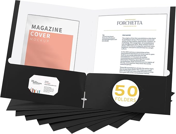 Zzrywuty File Folders with Pockets Letter Size, 50-Pack Paper Folders with Card Slot, Two Pocket Folders for School Students, Businessmen, Home and Office Workers（Black）