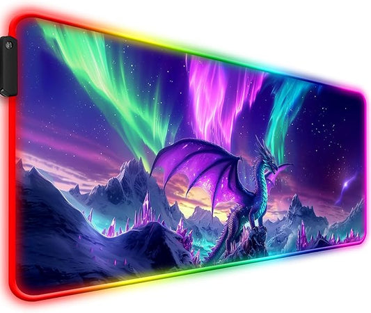 RGB Fantasy Aurora Scenery and Dragon Gaming Desk Mat, Computer Keyboard Large Extended Long LED Mouse Pad for Office and Home, XL (W06)