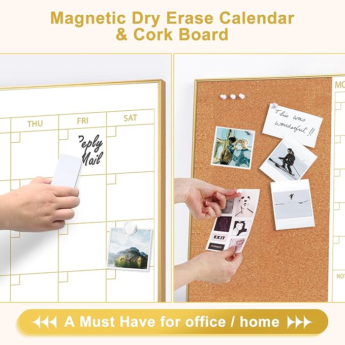 ARCOBIS Whiteboard Calendar with Cork Board, 36"x24" Magnetic White Board Calendar Dry Erase for Wall, Gold Frame Monthly Combination Board for Office, Home, School
