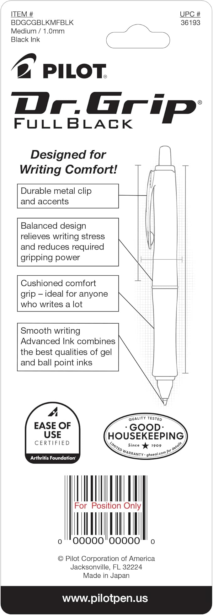 PILOT Dr. Grip FullBlack Refillable & Retractable Gel Ink Rollerball Pen, Medium Point, Black Ink, Single Pen (36193)- Ideal for School, Journaling & Office Writing