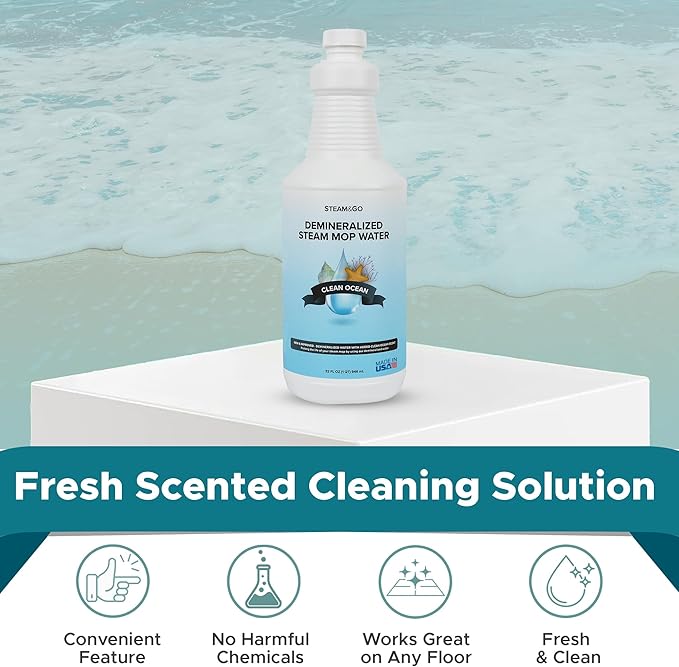 Steam & Go Demineralized Water - Multisurface Cleaner, PVC-Free Ready-to-Use for Mops & Floor Steamers - Ideal for Kitchen, Bathroom, & Home Surfaces - Clean Ocean Scent - 32oz (Pack of 6)