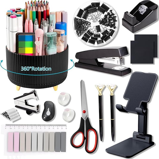 Office Supplies,Desk Accessories,with Stapler,Tape Dispenser,Staple Remover,Scissor,Ballpoint Pen,Sticky Notes,Clear Tape,Staples,Desk Organizer,Phone Stand,Binder,Index Tabs,Best gift set(Black)