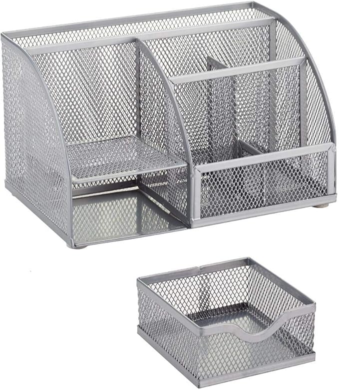 Annova Mesh Desk Organizer Office with 7 Compartments + Drawer/Desk Tidy Candy/Pen Holder/Multifunctional Organizer (Silver)