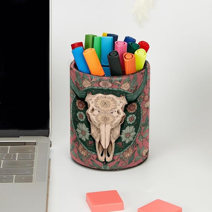 Vintage Western Skull Floral Flower Bones PVC Leather Circular Pencil Holder for Desk Organizer Stationery Holder for Office, School(3.9 x 3.1 Inches)