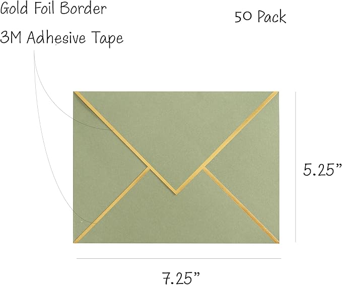 A7 Envelopes - V Flap Foil Border Luxury Mailing Envelopes for 5" x 7" Cards - for Wedding, Invitations, Baby Shower, Photos, Graduation, Birthday, Bridal Shower - 5.25" x 7.25" (Sage, 50 Pack)