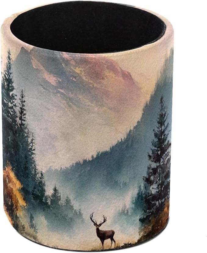 Watercolor Mountain Deer PVC Leather Circular Pencil Holder for Desk Organizer Stationery Holder for Office, School(3.9 x 3.1 Inches)