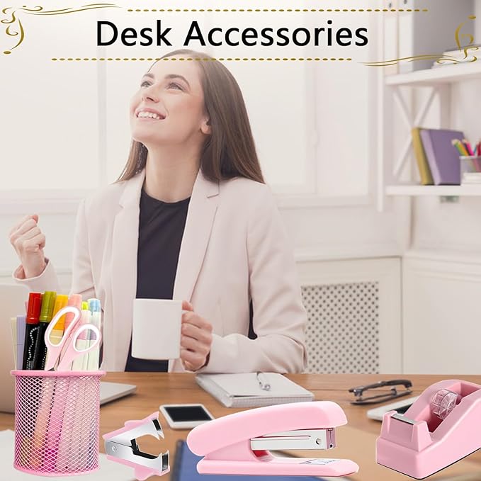 Office Supplies,Desk Accessories, Stapler and Tape Dispenser Set for Women with Stapler, Tape Dispenser, Staple Remover, Staples, Clips, Scissor and Tabs,Gift for Students, Coworkers
