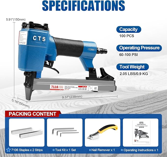 CTS 7116 Pneumatic Upholstery Staple Gun for 22 Gauge 71 Series 3/8" (9 mm) Crown 1/4" to 5/8" (6.0-16.0 mm) Length Staples, Air Stapler for Furniture and Interior Decoration
